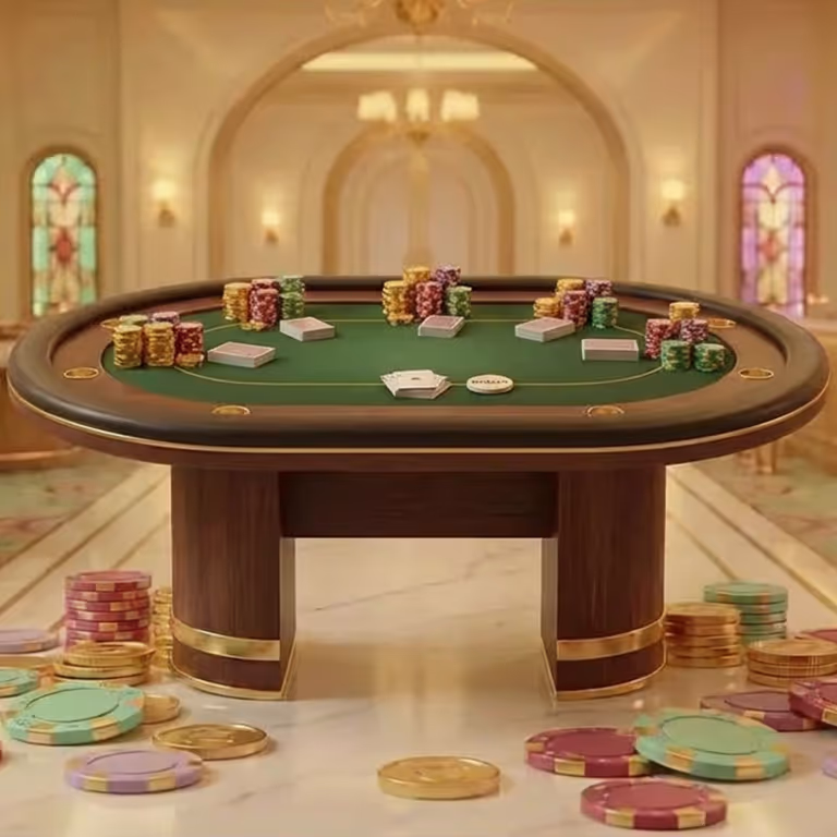 Green casino table with cards and large stacks of chips arranged neatly inside Stromstrike Casino.